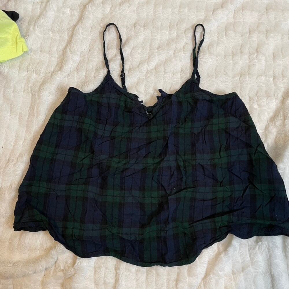 HOLLISTER Extra‎ Small Plaid Green Black Tank Top Adjustable Straps Missing Ties
